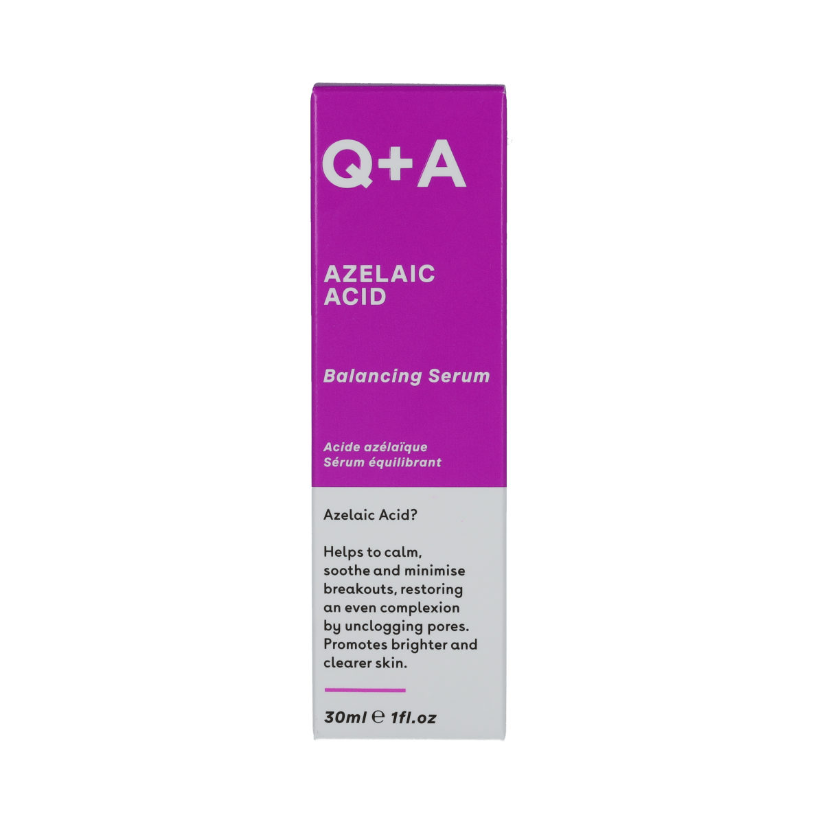 Q+A Azelaic Acid Serum 30ml bottle, soothing facial skincare product for brightening and clearing skin.