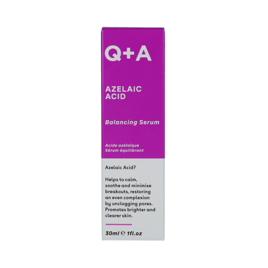 Q+A Azelaic Acid Serum 30ml bottle, soothing facial skincare product for brightening and clearing skin.
