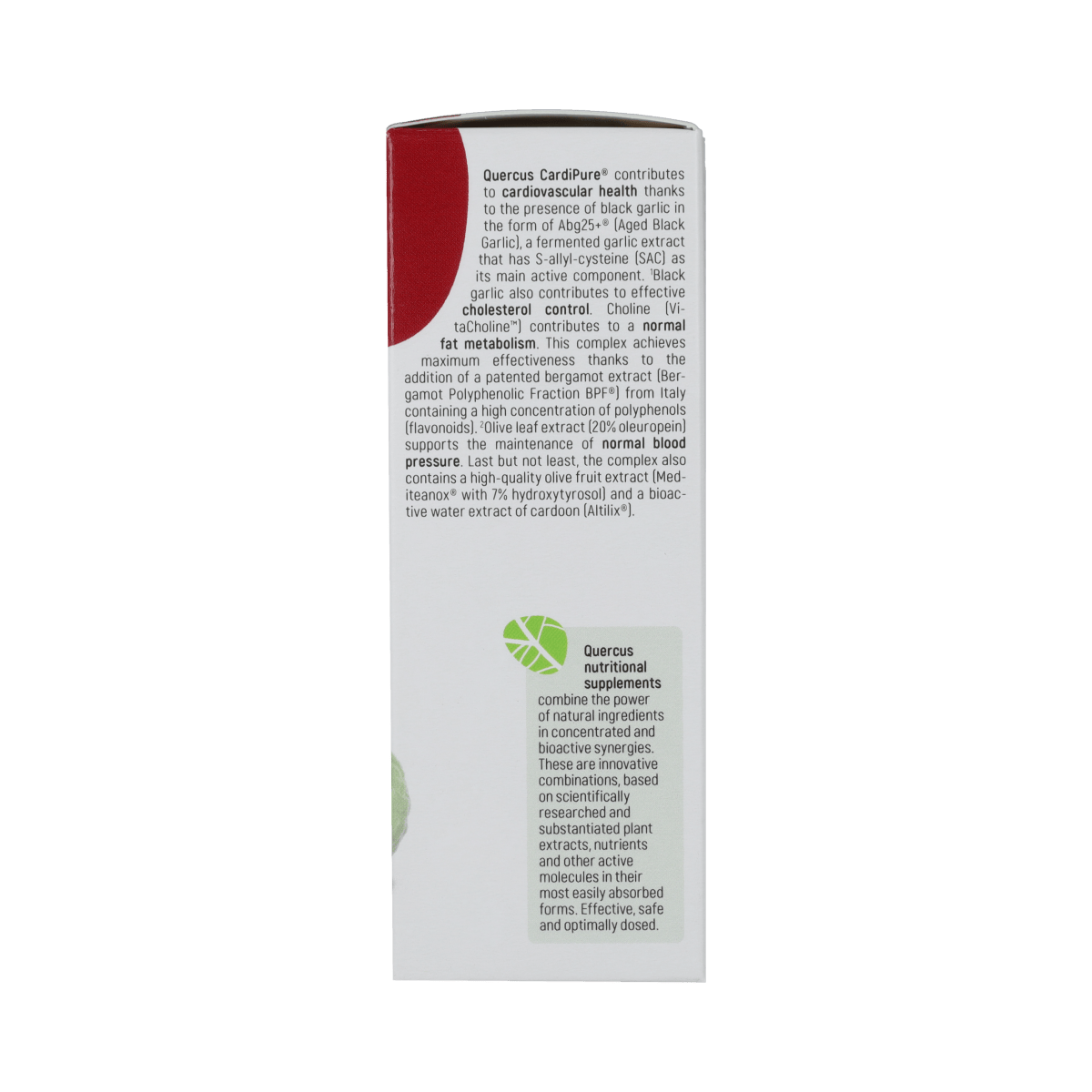 Bottle of Quercus CardiPure 60 tablets, herbal supplement by Quercus, with white container and label visible.