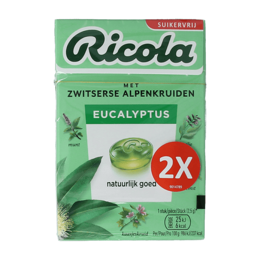 Ricola Eucalyptus sugar-free lozenges in a duo pack, 100 grams each, with Swiss herbal ingredients and natural eucalyptus flavor.