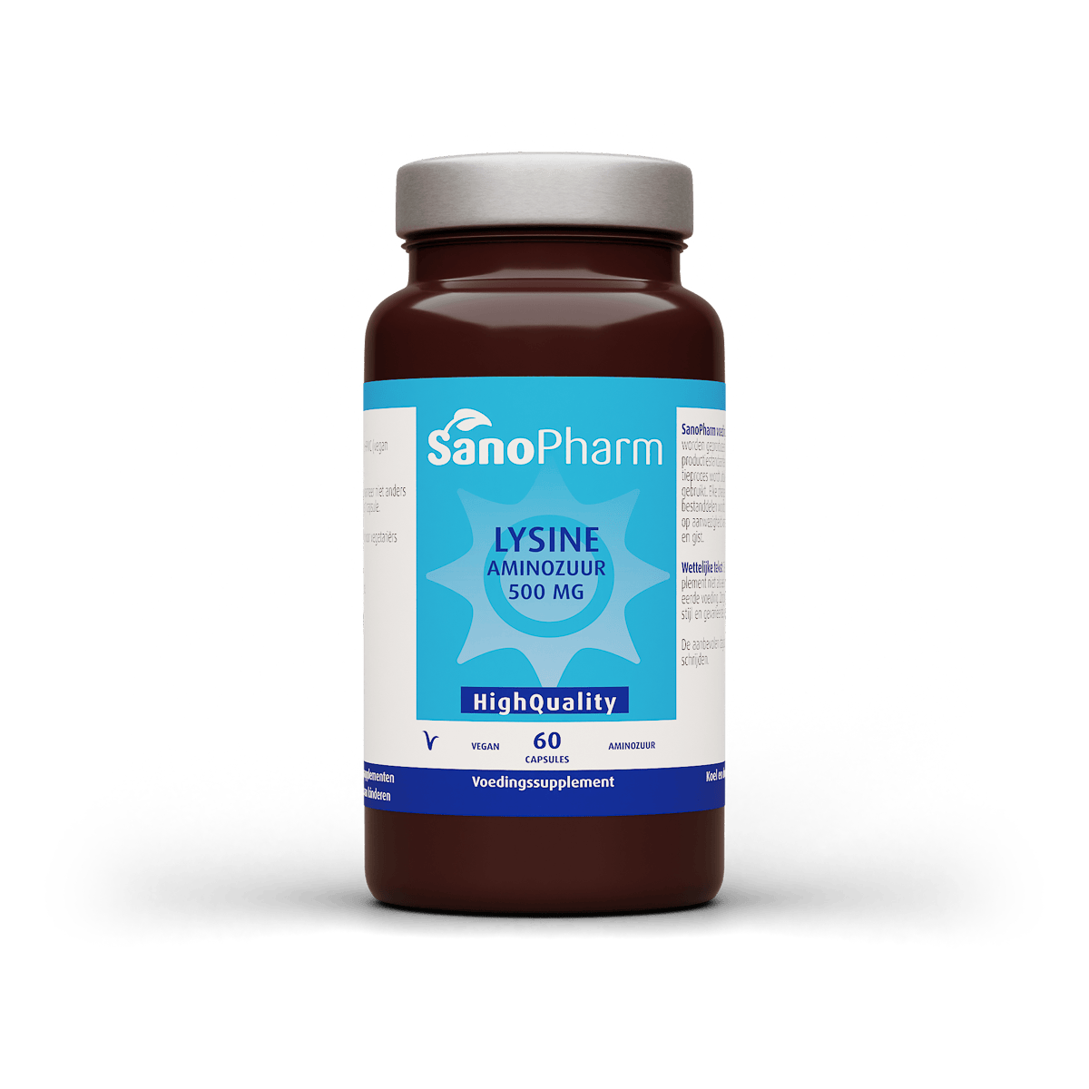 SanoPharm Lysine amino acid capsules in a bottle, high-quality supplement for immune and skin health, 60 capsules.