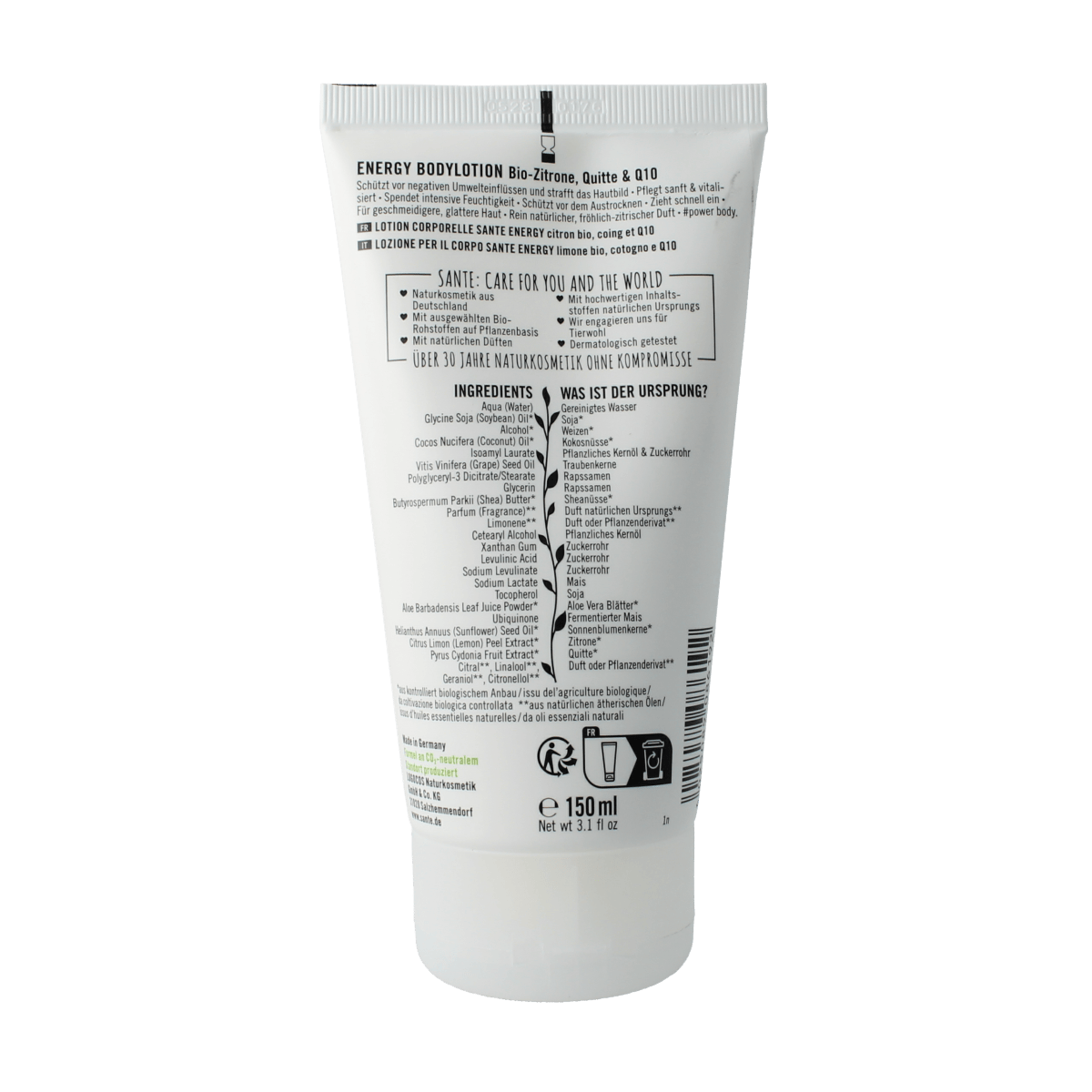 Sante Energy bodylotion 150ml, a moisturizing body care product with a sleek bottle, designed for nourishing skin.