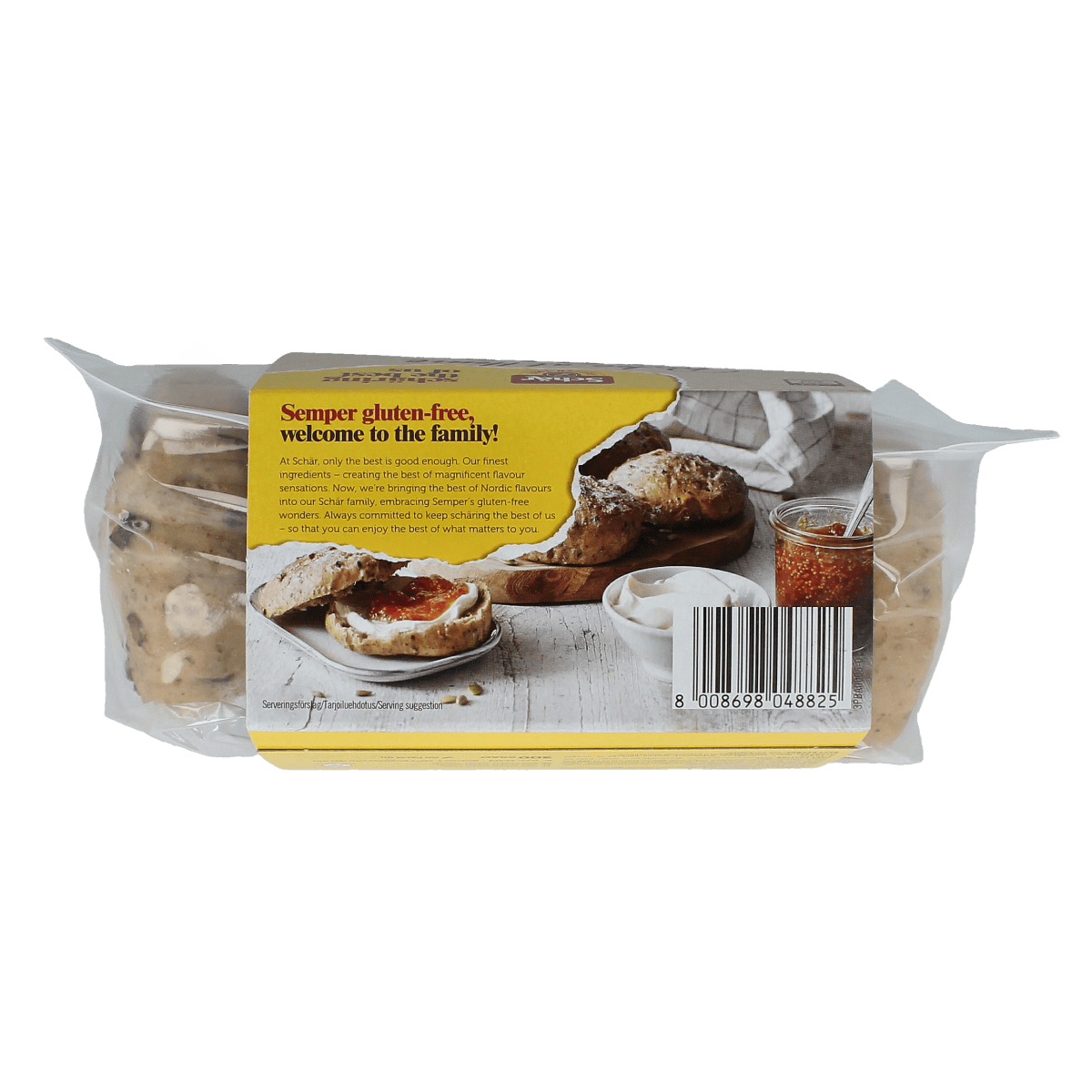 Schar glutenvrije afbakbroodjes trio, 300g, shown in a clear image of three freshly baked gluten-free bread rolls.