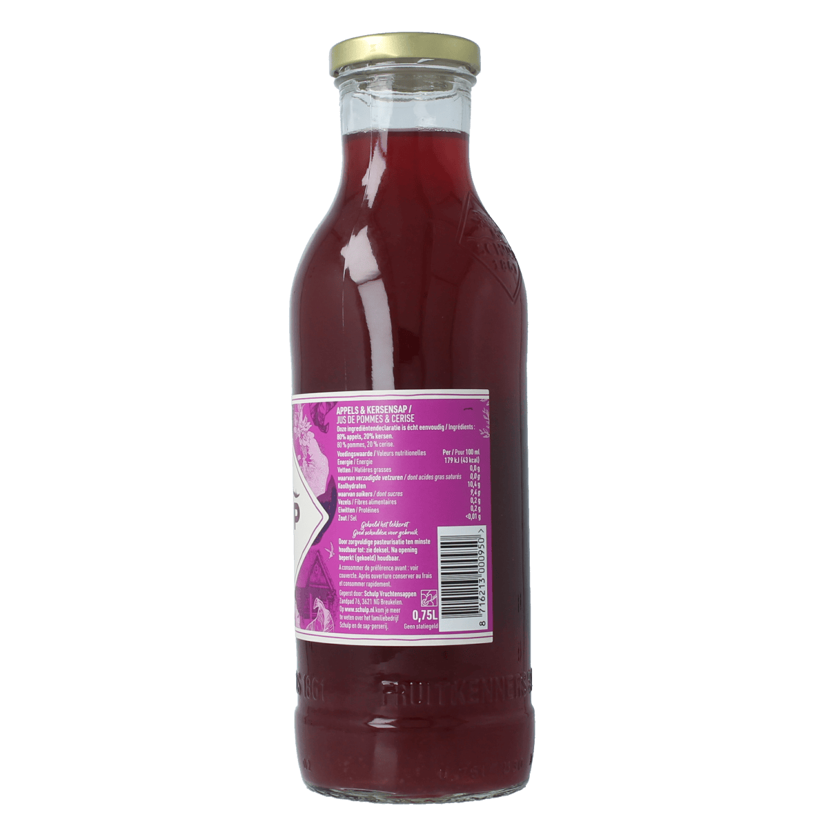 Schulp Appel & Kersensap in 750ml bottle, a fruit juice made from apples and cherries, displayed in a clear glass bottle