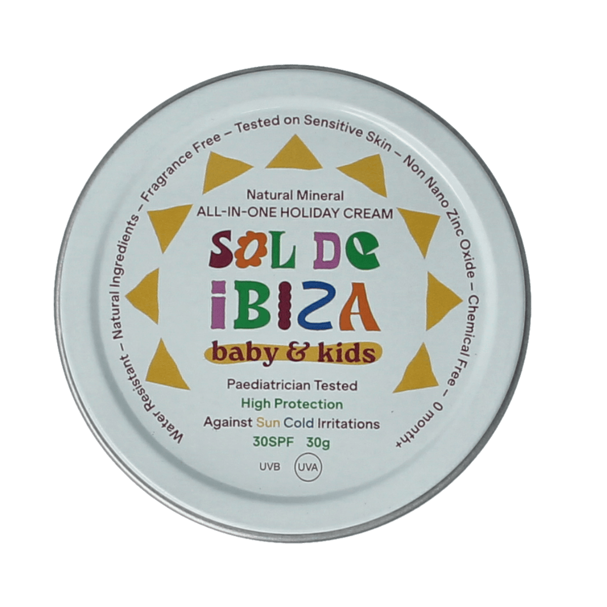 Sol De Ibiza baby and kids SPF30 protective sun cream in a 30g mini bio tube, suitable for gentle sun protection.
