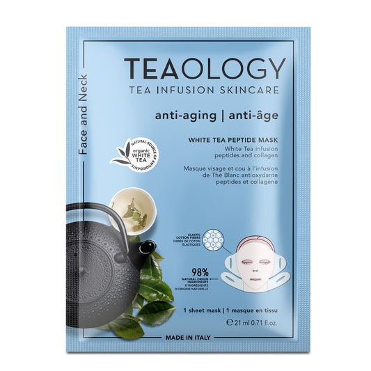Teaology White Tea Peptide Mask for face, 1 pack, hydrating skincare treatment with natural ingredients, designed for facial care.