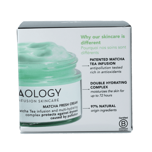 Teaology Matcha Fresh Cream in a 50ml jar, a facial skincare product with green tea extract for nourishing skin.
