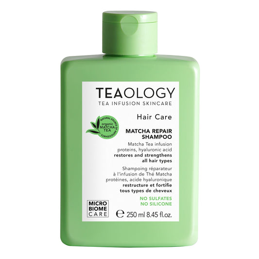 Teaology Matcha Shampoo Repair 250ml, a nourishing hair care product with matcha for strengthening and repairing hair.