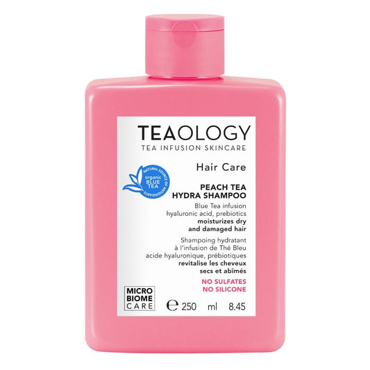 Teaology Peach Tea Shampoo Hydro in a 250ml bottle, moisturizing hair care product with peach tea extract for healthy, shiny hair.
