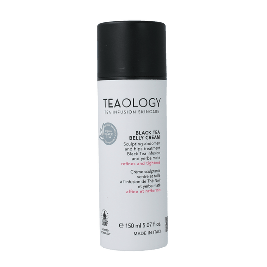 Teaology Black Tea Flat Belly Cream in a 150ml jar, featuring a sleek black packaging with a white lid, designed for body care.