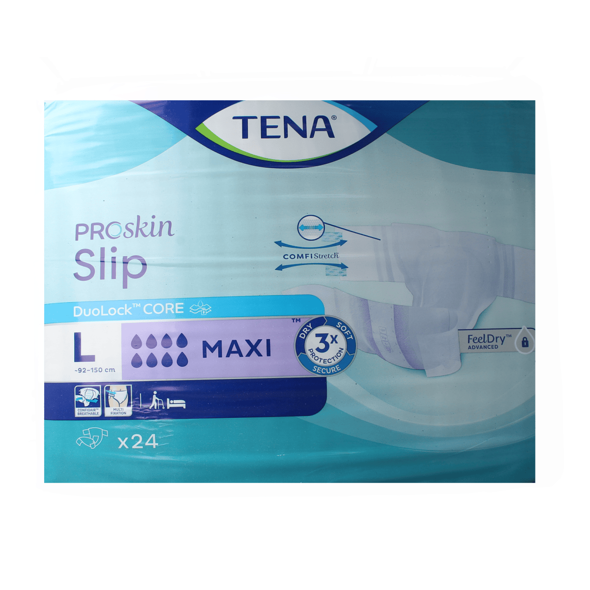 Tena ProSkin Slip Maxi in size L, a pack of 24 adult incontinent pads, designed for comfort and secure incontinence protection.