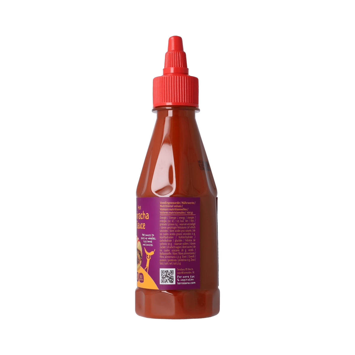 TerraSana Sriracha saus in 250g bottle, spicy sauce for enhancing dishes, part of TerraSana's sauces and flavorings range.