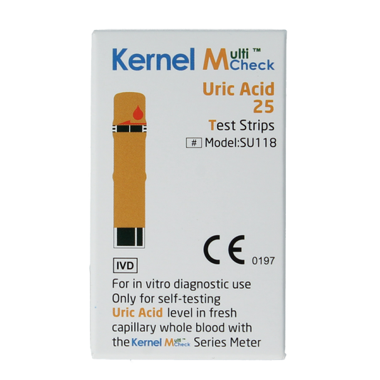 Testjezelf Multicheck urinezuur teststrips, 25-piece box, diagnostic test strips for urine analysis, with color comparison chart.