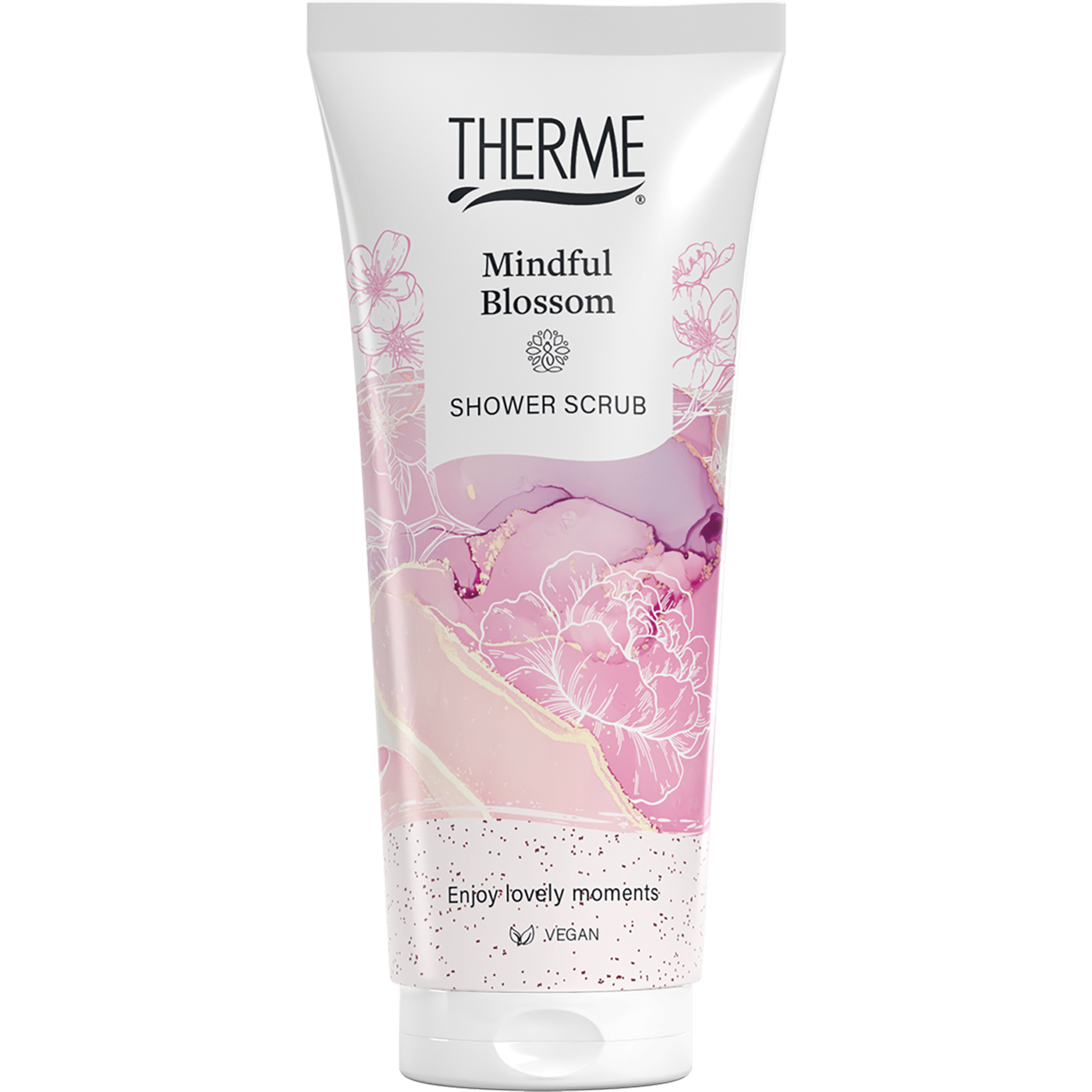 Therme Mindful Blossom Shower Scrub in 200ml bottle, natural bad en douche product with floral scent and gentle exfoliating texture.