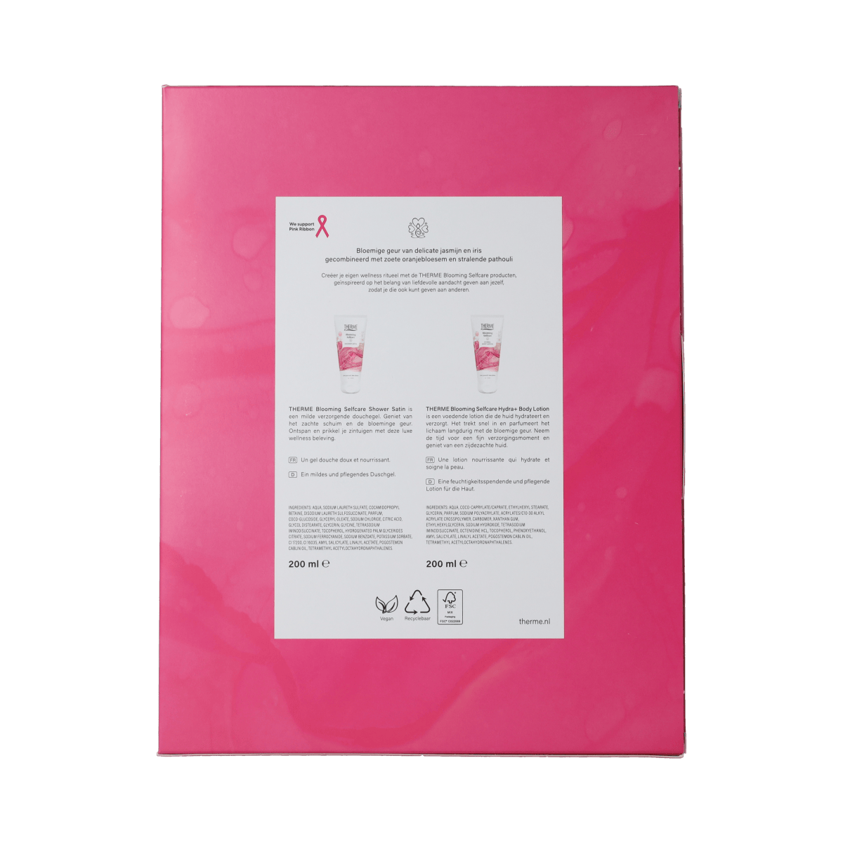 Therme Blooming Selfcare gift set with two body care products, featuring floral packaging and natural ingredients.