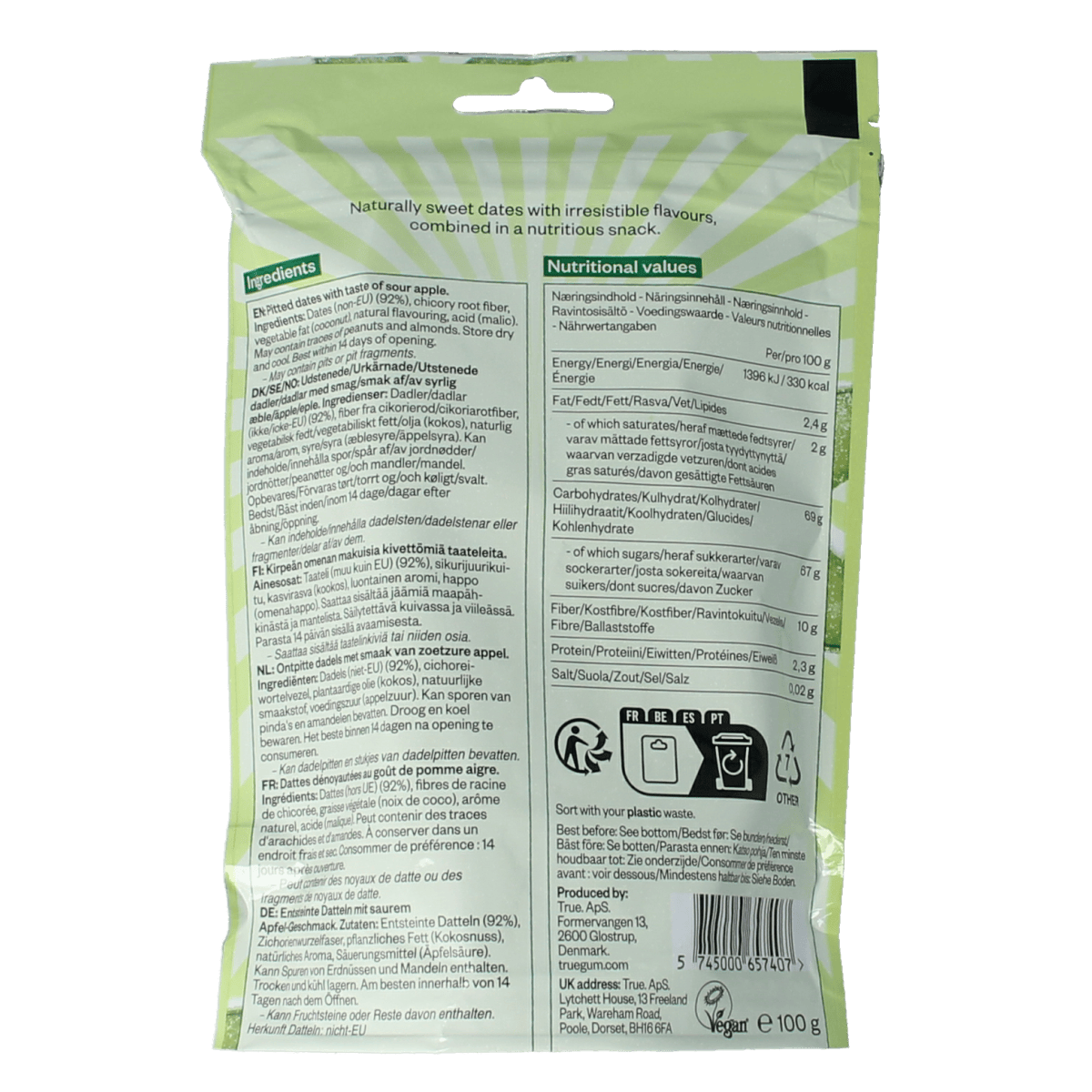 True dates Aardappelen, Groente en Fruit 100.00 Gram True dates Sour apple 100.00 Gram