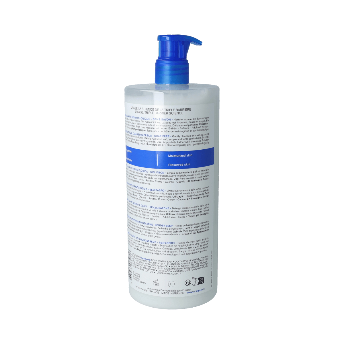 Uriage DERM-PHY dermatological cleansing cream for body, 1-liter bottle, gentle skincare for sensitive skin.