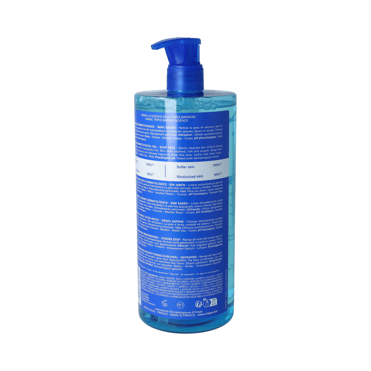 Uriage DERM-PHY Gel Surgras Dermatologique body cleansing gel in a 1-liter bottle, suitable for sensitive skin.
