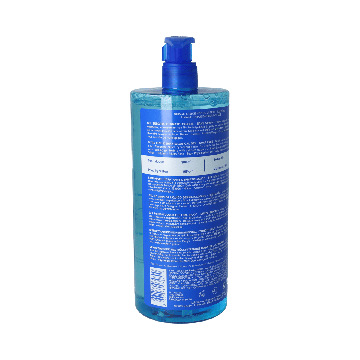 Uriage DERM-PHY Gel Surgras dermatological body cleanser in a 1-liter bottle, gentle and hydrating for sensitive skin.
