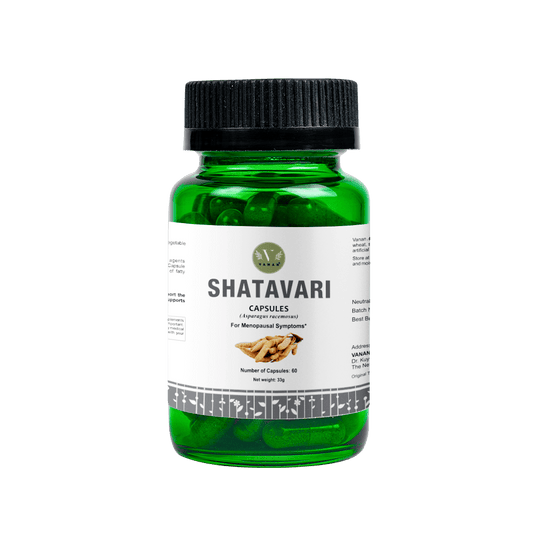 Vanan Shatavari Capsules 60 count, herbal supplement in a bottle with capsules visible inside.