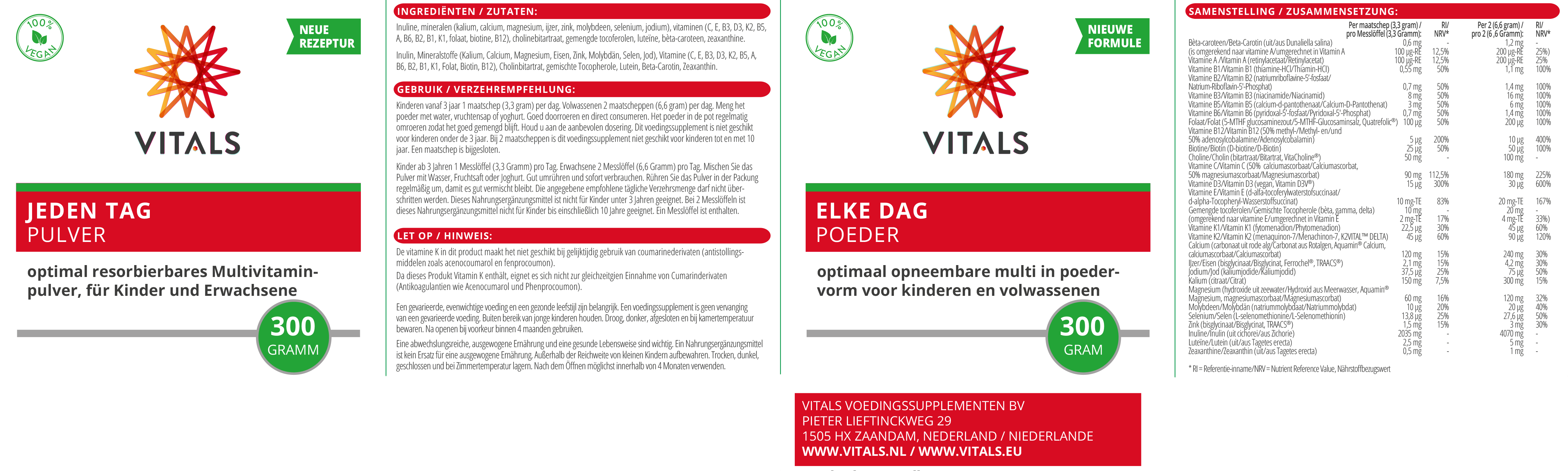 Vitals Elke Dag Poeder nutritional supplement in 300g package, natural powder for daily health support, by Vitals.