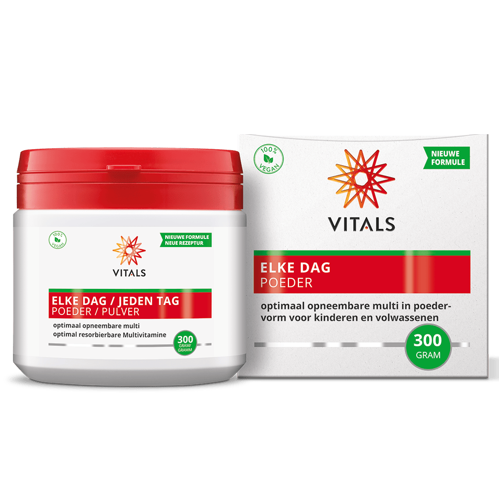 Vital Elke Dag powder in 300g jar, a dietary supplement by Vitals, with a smooth, light-colored powder visible in the container.
