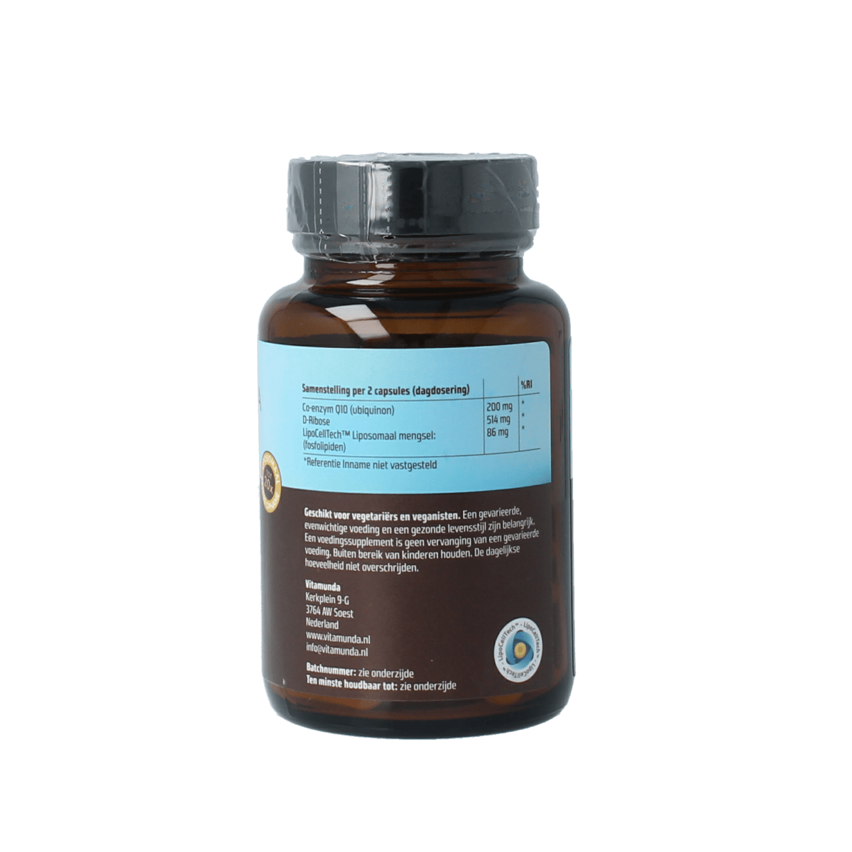 Vitamunda Liposomale CoQ10 capsules, dietary supplement in a bottle, with 60 capsules for energy support and antioxidant benefits.