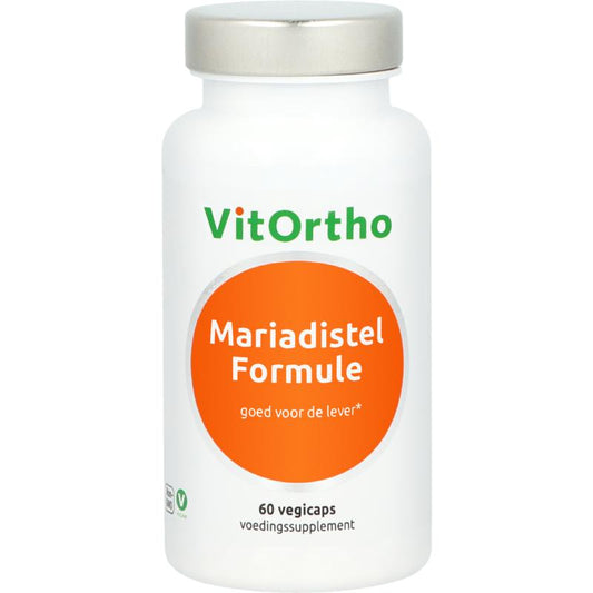 Vegetarische capsules van VitOrtho Mariadistel formule, kruidenpreparaat voor natuurlijke leverondersteuning, 60 capsules.
