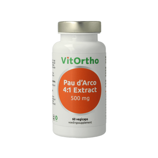 VitOrtho Pau d'Arco extract 500mg vegetarian capsules, herbal supplement in a clear bottle with capsules visible.