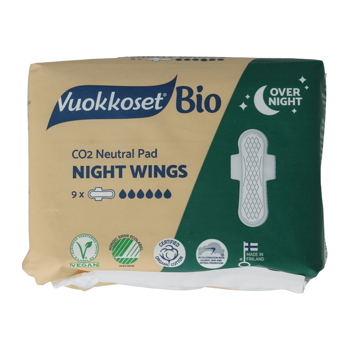 Vuokkoset Damesverband en Tampons 9.00 Stuks Vuokkoset Bio Maandverband night wing 9.00 Stuks