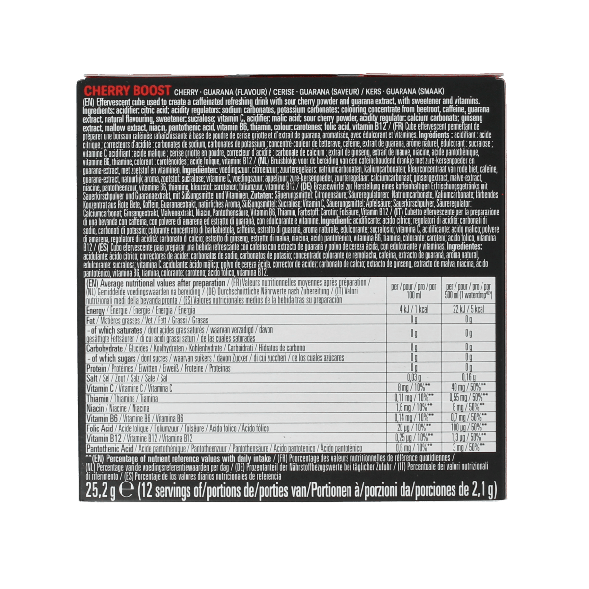 Waterdrop Microenergy Cherry Boost drink tablets in a clear container, showcasing vibrant red cherry flavor and packaging.