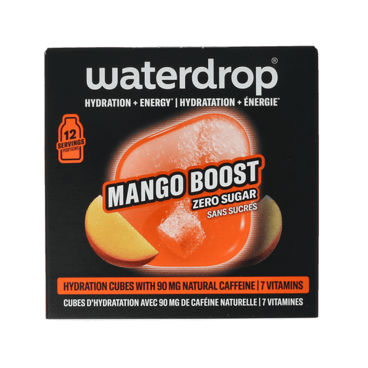 Waterdrop Microenergy Mango Boost drink drops, 12-pack, in a clear container with mango flavor, for enhancing beverages.