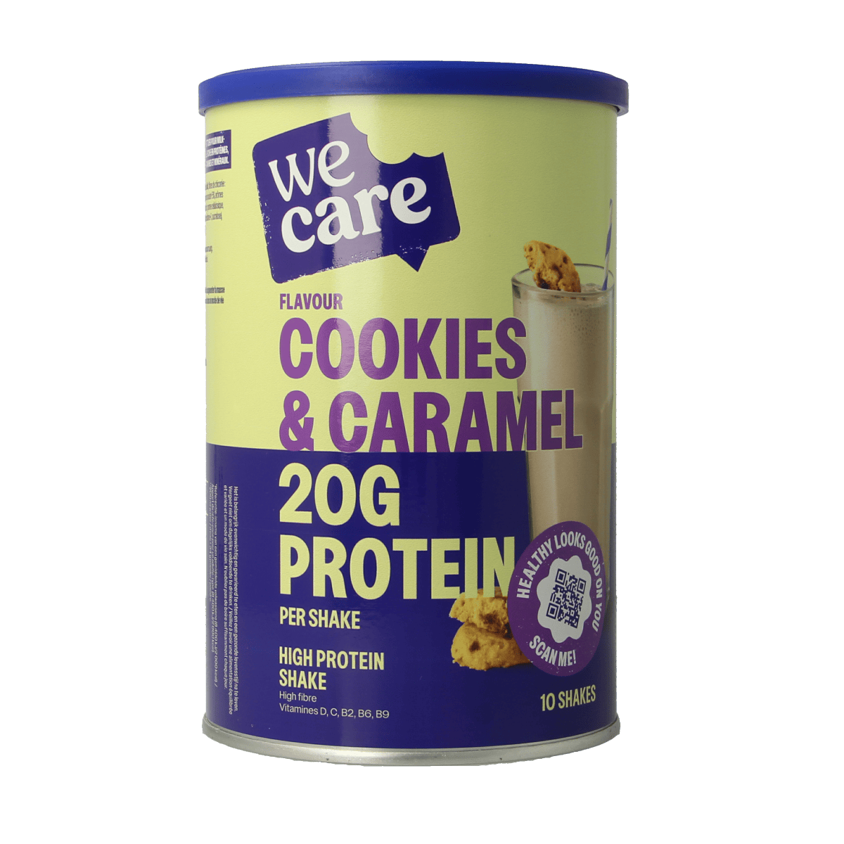 WeCare high protein shake cookies and caramel snack, 340 grams, showing cookies with caramel filling in a clear package.