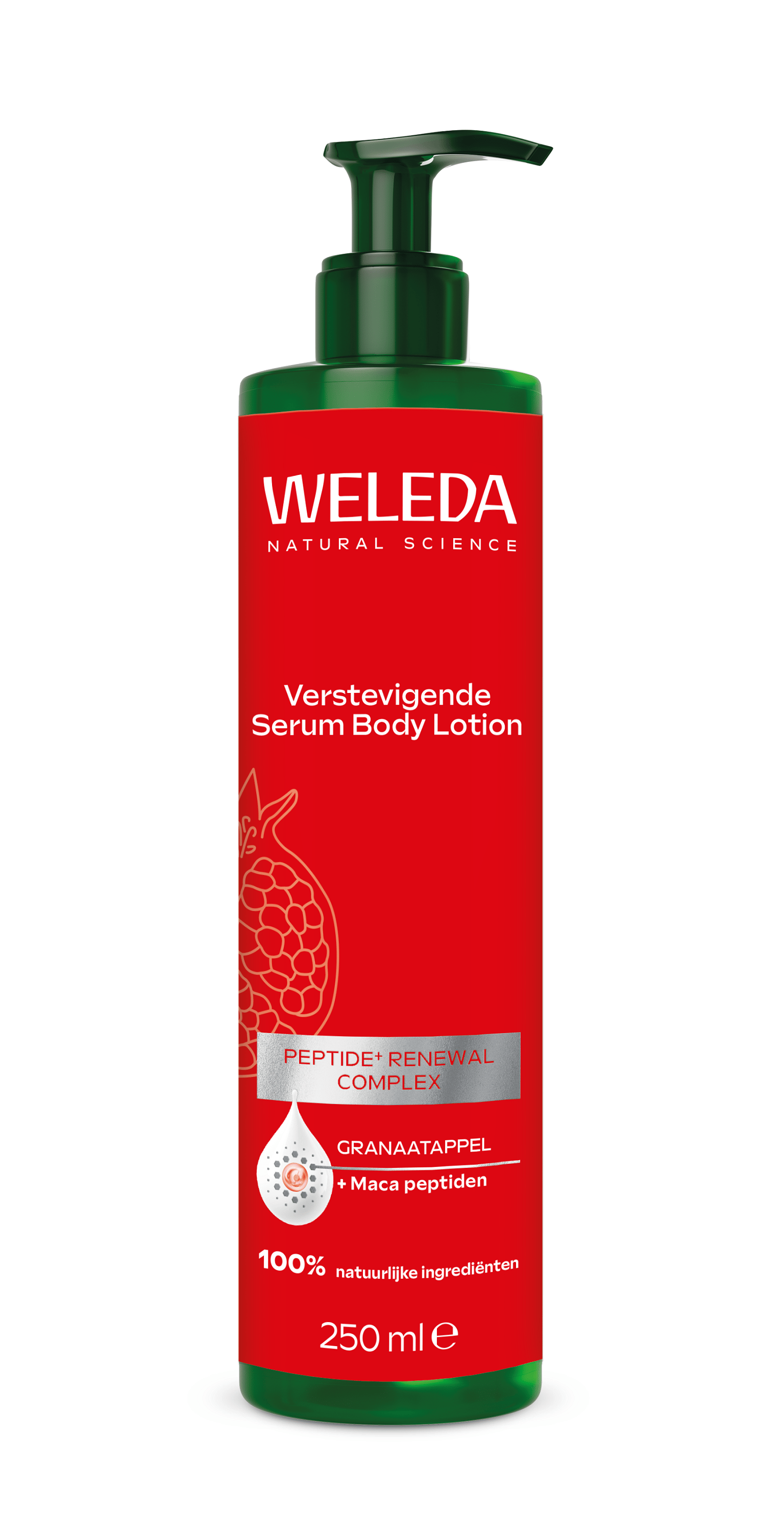 Weleda Granaatappel bodylotion in 250ml bottle, natural body care product with rich pomegranate moisturizer and nourishing formula.
