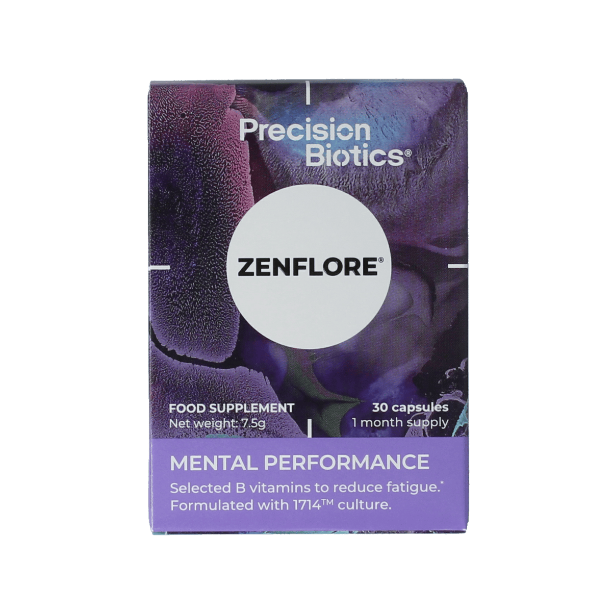 Zenflore vegetarian capsules, dietary supplement and herbal preparation, in a clear blister pack with 30 capsules.