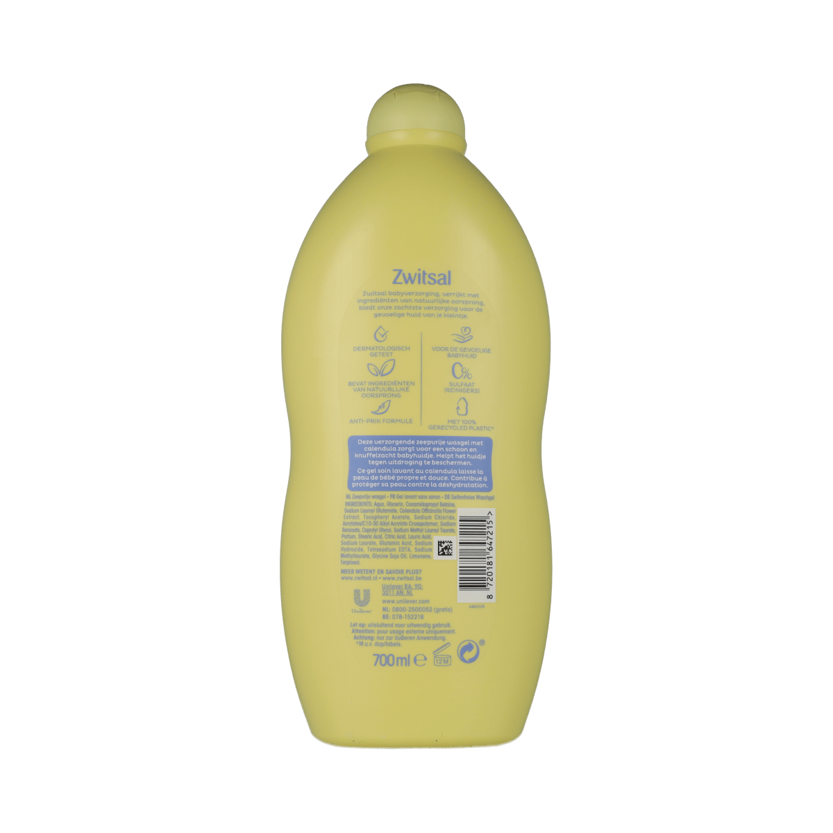 Zwitsal baby and toddler wash gel in a 700ml bottle, gentle skincare product for babies and young children.